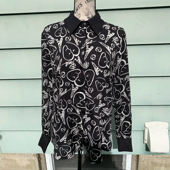 Catherine Malandrino Black & white heart button up collared long sleeve blouse - Picture 1 of 8